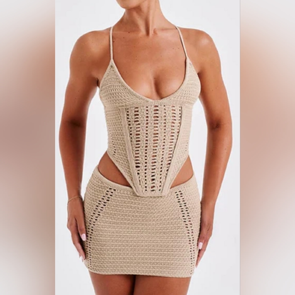 Beige Crochet Halter Dress